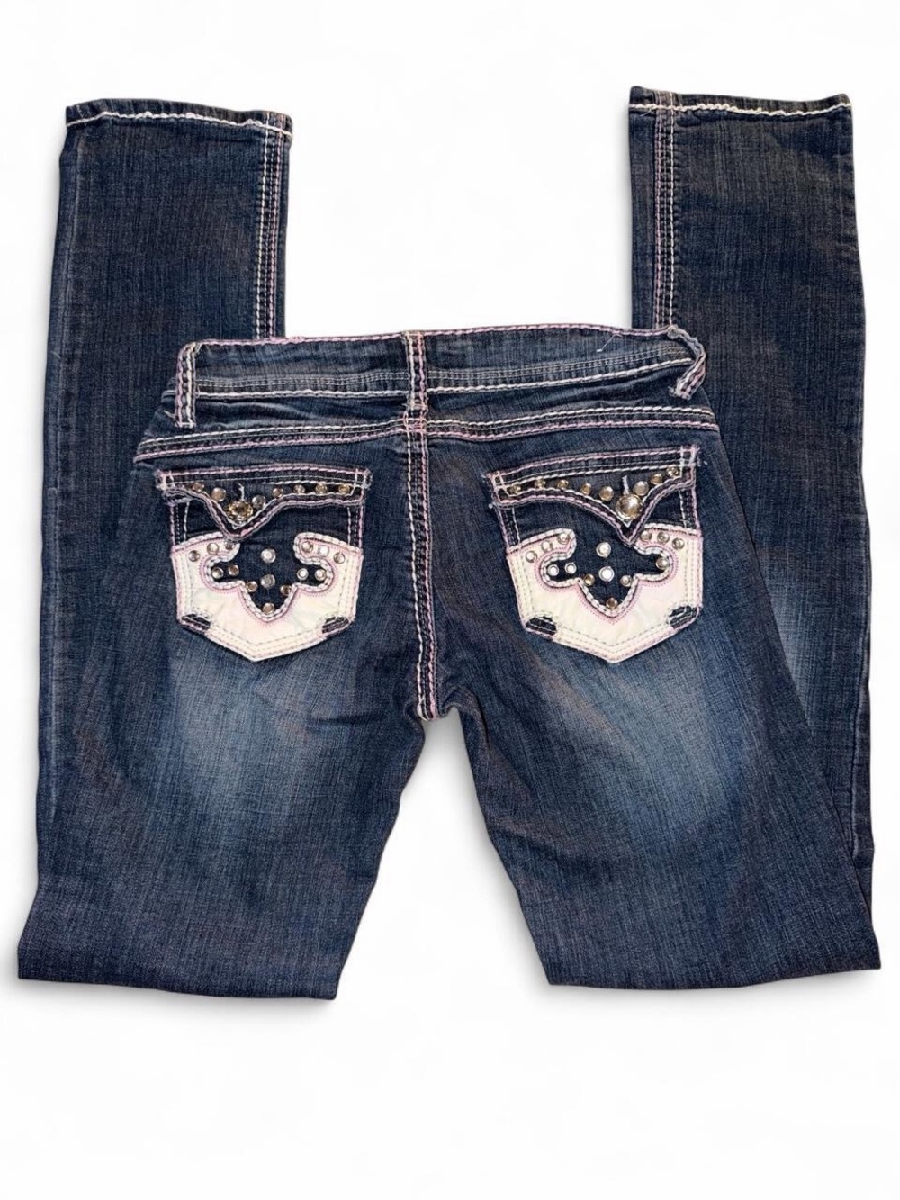 Women’s Dark Wash Skinny Jeans with Pink Embroidered Back Pockets